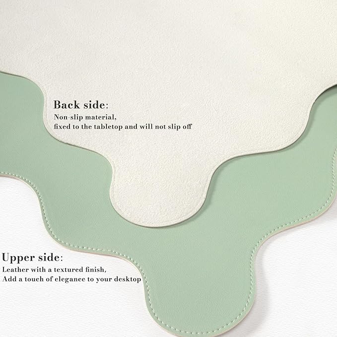 iCasso Leather Desk Pad,Extra Large Mouse Pad for Laptop,Cute Scalloped Nail Table Mat for Women Girl,Non-Slip Keyboard Mat Green,Waterproof PU Desk Cover Mat for Office Home Dorm Travel