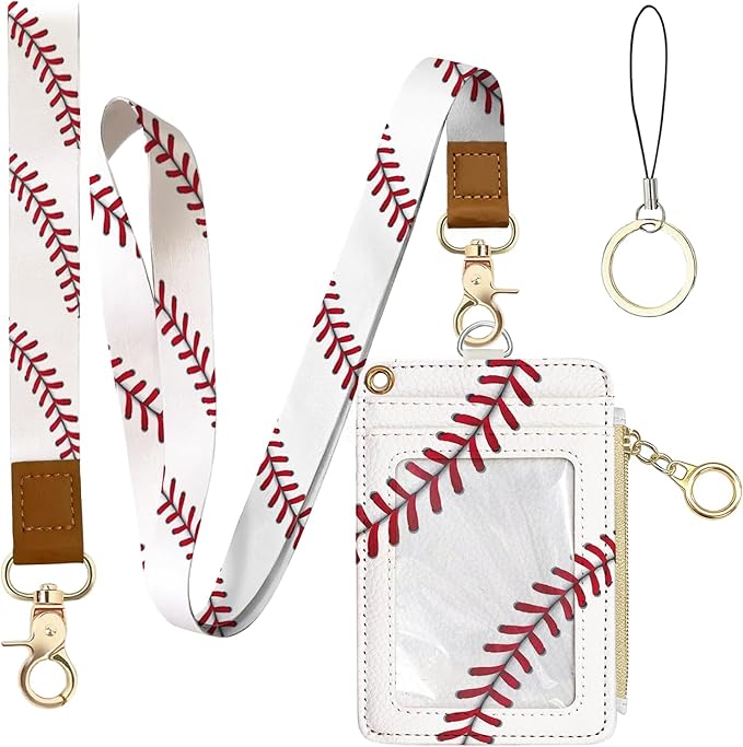 Baseball Leather Badge Holder with Zipper Pocket, Men Women Work Lanyards and 1 Zip Pocket and 4 Card Slots, Pink Bow Breakaway Lanyards with Metal Clasp for Boys, Adult, Teachers