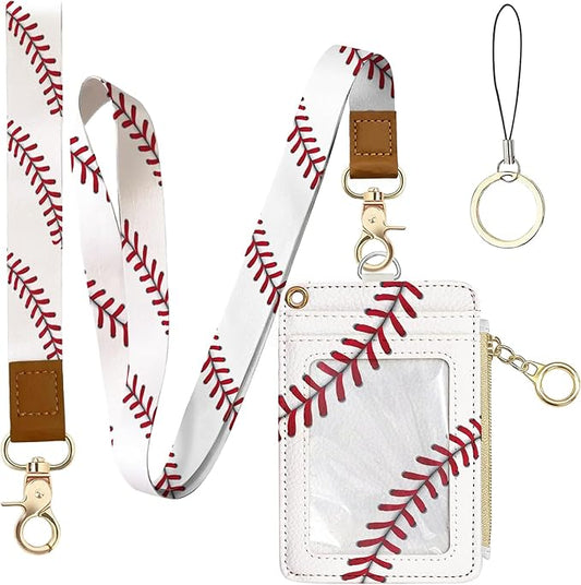 Baseball Leather Badge Holder with Zipper Pocket, Men Women Work Lanyards and 1 Zip Pocket and 4 Card Slots, Pink Bow Breakaway Lanyards with Metal Clasp for Boys, Adult, Teachers