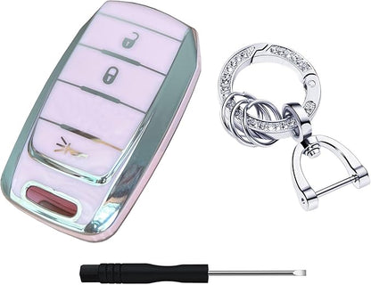 Key Protective Shell for RAM Key Fob Cover with Keychain Fit for RAM 1500 2500 3500 Smart Key Case Accessories (3-Button-Pink-Silver)