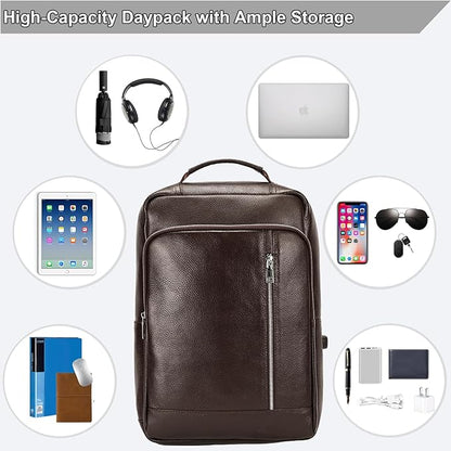 Genuine Leather 15.6 Inch Laptop Backpack for Men, Multi Pocket Slim Daypack Shoulder Bag with Trolley Sleeve for Business Travel (Brown)