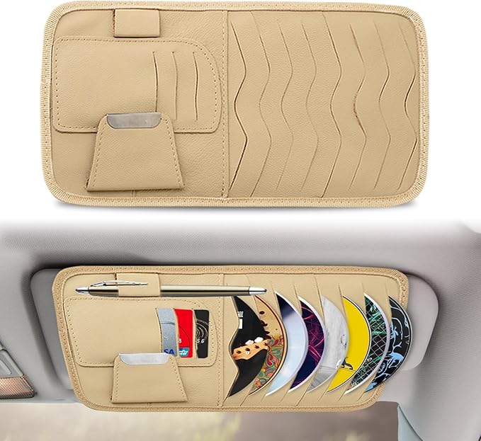 Car Sun Visor Organizer, Car CD Case Holder, Universal Car Eyeglasses Holder Clip with Storage Pockets, for Storing Sunglasses Card Pen Invoice, Beige, Cream-yellow