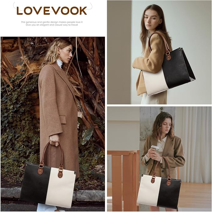 LOVEVOOK Laptop Tote Bag for Women, 15.6 Inch Large Capacity Vintage Leather Work Computer Bag, Business Casual Shoulder Handbag, Black & White & Brown