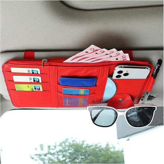 Augeny Car Sun Visor Organizer, Leather Personal Belonging Storage Pouch with Zipper, Car Visor Storage Pouch Sunglasses Holder, Auto Interior Accessories Pocket Organizers (Red)