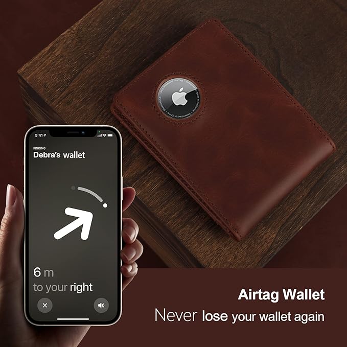 AirTag Wallet Men，Genuine Leather Wallet with Airtag Holder Slim Billfold RFID Blocking Wallet for Apple Air tag Best Gifts for Him Brown (Airtag Not included)…