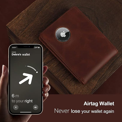 AirTag Wallet Men，Genuine Leather Wallet with Airtag Holder Slim Billfold RFID Blocking Wallet for Apple Air tag Best Gifts for Him Brown (Airtag Not included)…