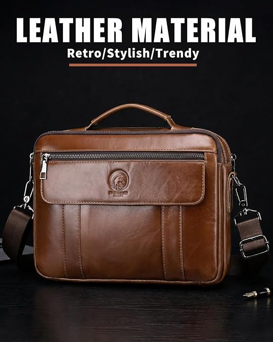 Men's Leather Crossbody Bag - Casual Messenger Shoulder Bag for Commuting, Large Capacity Laptop Briefcase with Multi-Pockets for Office