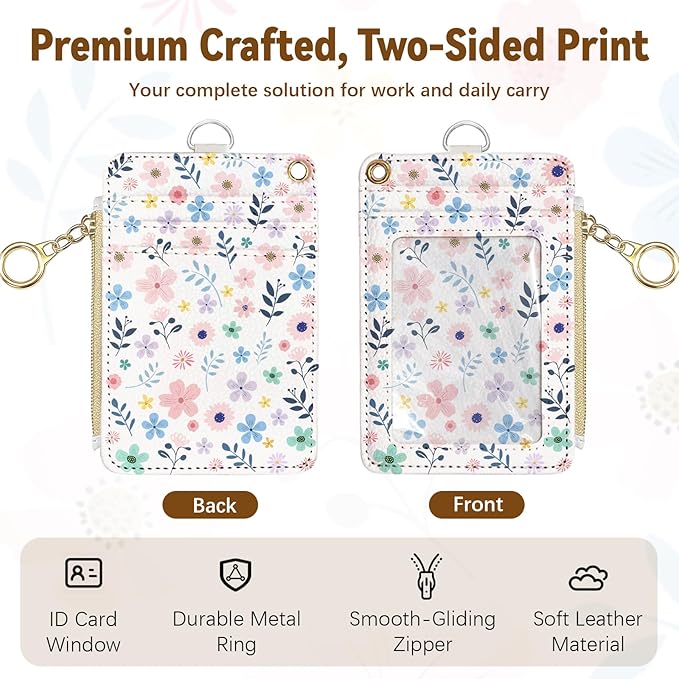 Flower Leather Badge Holder with Zipper Pocket, Beautiful Work Lanyards and 1 Zip Pocket, 4 Card Slots, Breakaway Lanyards with Metal Clasp for Offices, Staff, Adult, Employees