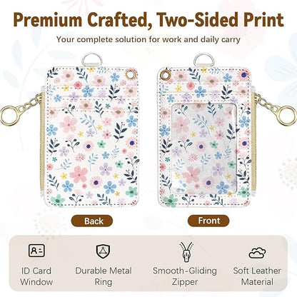 Flower Leather Badge Holder with Zipper Pocket, Beautiful Work Lanyards and 1 Zip Pocket, 4 Card Slots, Breakaway Lanyards with Metal Clasp for Offices, Staff, Adult, Employees