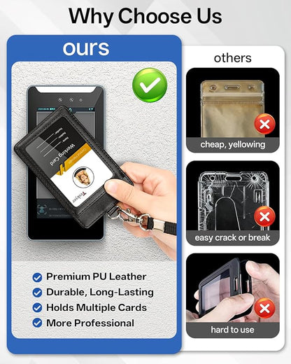 Teskyer Leather ID Badge Holder with Lanyard for Work School IDs, Cruise Ship Cards, Hotel Key Card, All Kinds of Pass Cards - Black