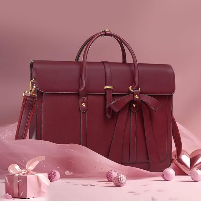 MOSISO Laptop Bag for Women, 17 inch PU Leather Laptop Shoulder Bags Convertible Backpack, 17.3 inch Messenger Bags Casual Handbag Work Briefcase Travel Computer Bag with Bowknot, Wine Red