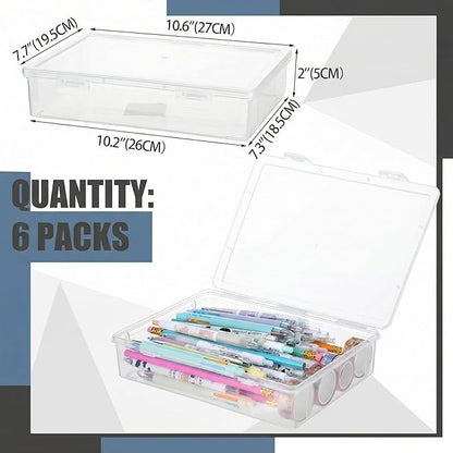 Qunclay 6 Pcs 10.6'' x 7.7'' x 2'' Plastic Storage Box with Lid Multipurpose Craft Organizers Plastic Containers Clear Pencil Case Art Satchel Storage Case for Beads Ornaments Crafts Accessories