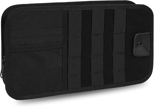 KENOBE Molle Car Sun Visor Organizer, Semi-Rigid Tactical Panel Caddy with Zipper Pouch and Glasses Clip for Car Accessories, Fits Most Vehicles, SUVs, Trucks, Black