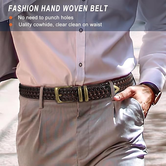 BELTROAD Braided Leather Belt for Men Casual Jeans Golf, Men's Leather Woven Alloy Buckle Hand Braided Belts Gift for Men