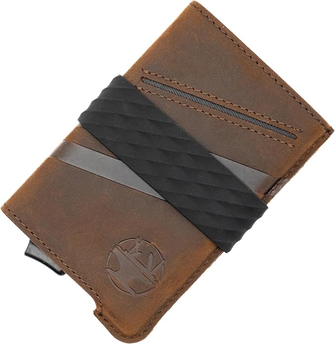 Hacksmith The Smith Wallet – Slim RFID Blocking Wallet for Men – Minimalist Front Pocket Wallet with Money Clip Band – Tactical Leather and Metal Wallets for Credit Cards & Cash (Cognac)