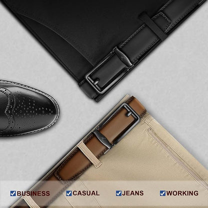BULLIANT Men Ratchet Belt 2 Pack, Click Sliding Leather Belt Adjustable for Gift Men Dress Casual Jeans 1 3/8,Cut for Fit