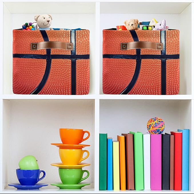 Canvas Basketball Storage Bin with Handles - Large Collapsible Cube Box for Home, Office, Bedroom Closet Shelves - 2 pcs