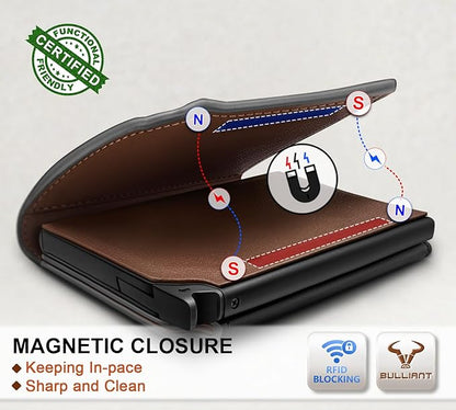 BULLIANT Men Wallet Leather Wallet Card Holders Money Clip for Men 10Cards-Magnetic Flip on Metal Case
