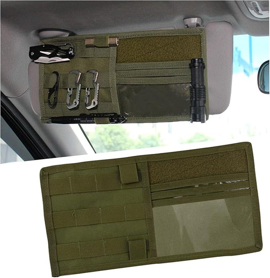 povtii Car Sun Visor Organizer, Tactical Nylon Vehicle Visor Panel Storage Holder Pouch Bag, Molle Multifunctional Sunshade Pocket for Pen Card Sunglasses, Car Accessories (Green)