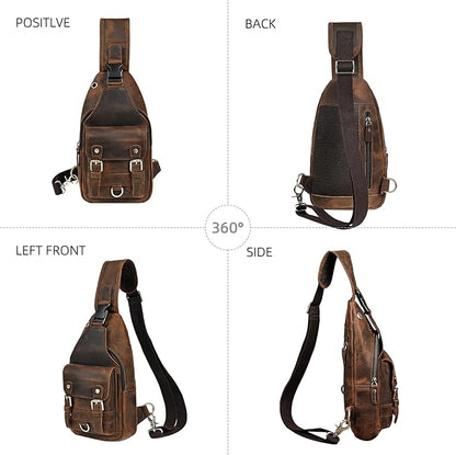 Genuine Leather Hiking Travel DayPack Sling Crossbody Triangle Chest Pack Bag For Men Women 8241 (Brown 258204)