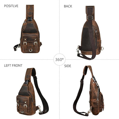 Thick Crazy horse Leather Triangle Crossbody Sling Chest Bag Travel One Shoulder Bag Daypack For Men Male 3028