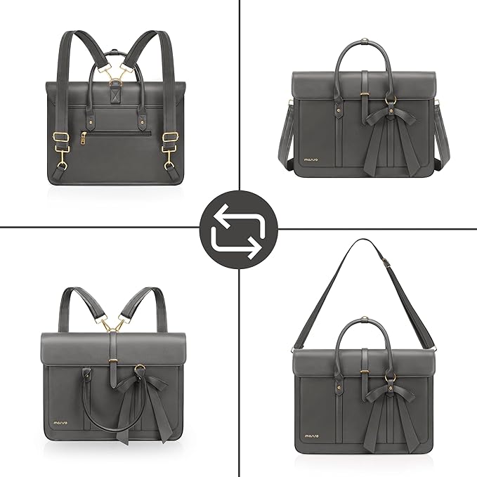 MOSISO Laptop Bag for Women, 15-15.6 inch PU Leather Laptop Shoulder Bags Convertible Backpack, 16 inch Messenger Bags Casual Handbag Work Briefcase Travel Computer Bag with Bowknot, Gray