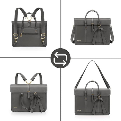 MOSISO Laptop Bag for Women, 15-15.6 inch PU Leather Laptop Shoulder Bags Convertible Backpack, 16 inch Messenger Bags Casual Handbag Work Briefcase Travel Computer Bag with Bowknot, Gray