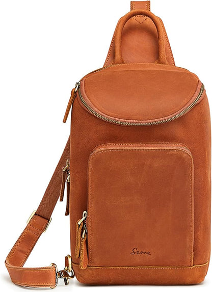 S-ZONE Sling Bag for Women Men Genuine Leather Vintage Crossbody Chest Bags Backpack Daypack Outdoor Travel
