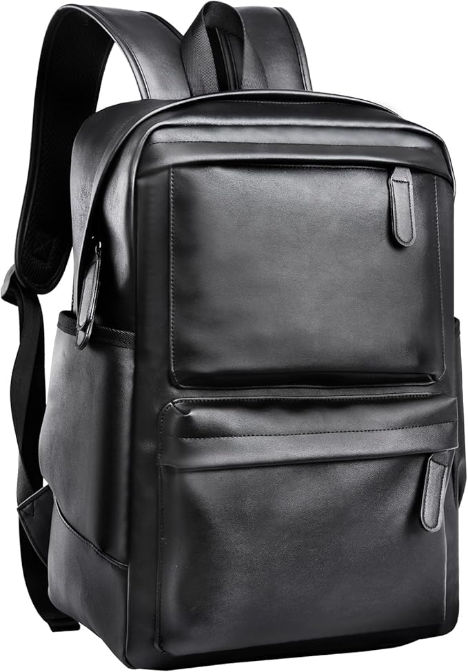 MOYYI Leather Laptop Backpack for Men Black Fit 15.6inch Laptop Backpack Simplify Rucksack Waterproof for Work Commute Casual Daypack