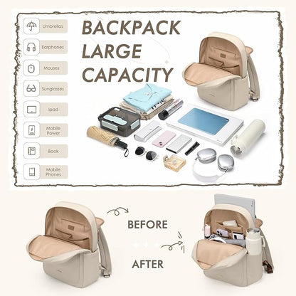 Laptop Backpack for Women,Casual Work Business Backpacks Purse Carry on Travel Backpack,14 Inch,Apricot