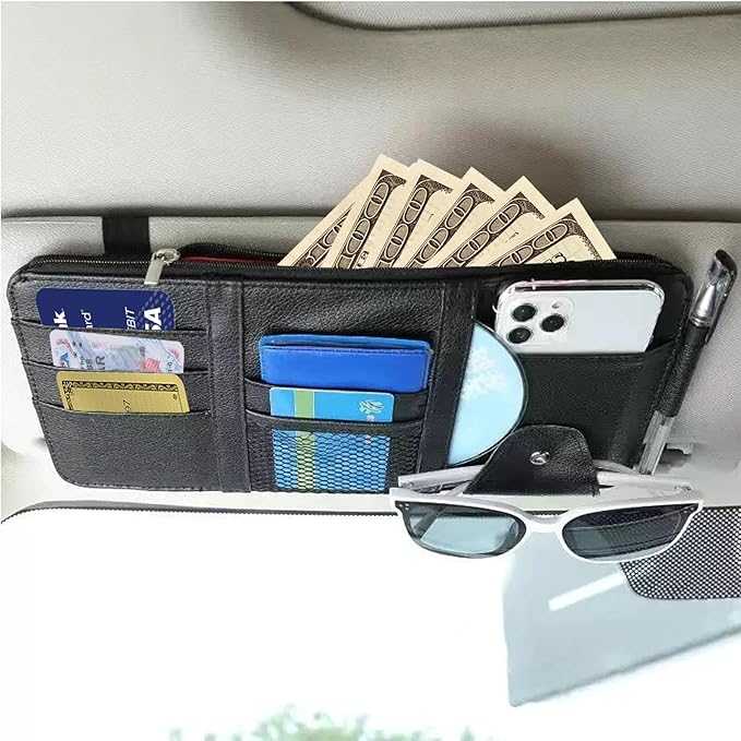 Black Multifunctional Car Sun Visor Organizer Sun Visor Caddy Sunvisor Pouch Visor Storage with a Zipper Bag Car Visor Accessories,3 Cards Holder,CD Glasses Pen Holder