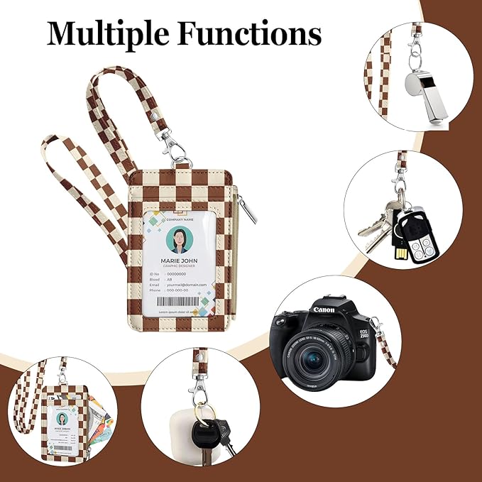 bolimoss Checkered Lanyard with Wallet, Badge Holder with Zipper Coin Pouch 5 Card Slots,Zip Id Case Wallet with Breakaway Lanyard for Cards, Cash, Key
