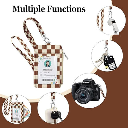 bolimoss Checkered Lanyard with Wallet, Badge Holder with Zipper Coin Pouch 5 Card Slots,Zip Id Case Wallet with Breakaway Lanyard for Cards, Cash, Key
