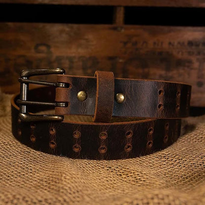 Men’s Classic Leather Belt, Double Prong Retro Style, Antique Brass Buckle, 1 ½” Width, Amish handmade in the USA