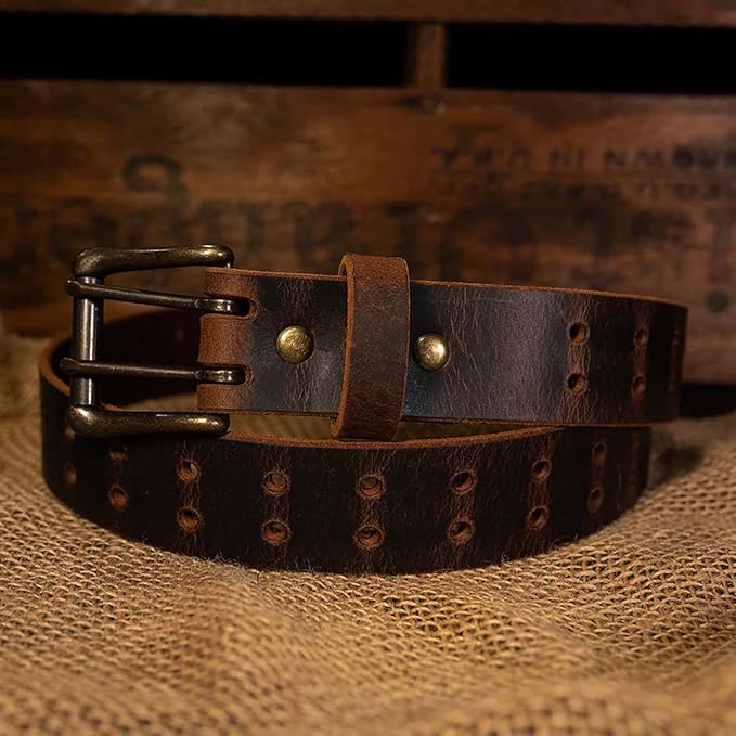 Men’s Classic Leather Belt, Double Prong Retro Style, Antique Brass Buckle, 1 ½” Width, Amish handmade in the USA
