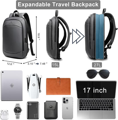 hk Business Backpack for Men 17 Inch,Slim & Expandable Waterproof Travel Laptop Backpack with USB Charger Port (Dark Grey)