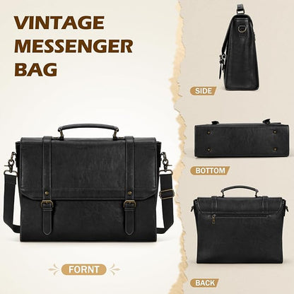 IGOLUMON Messenger Bag for Men 15.6 inch Vintage Leather Waterproof Laptop Briefcase for Men Large Computer Laptop Bag Leather Satchel Bag Retro Shoulder Bag for Office Business Travel College, Black