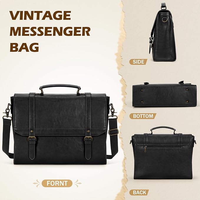 IGOLUMON Messenger Bag for Men 18 inch Vintage Leather Waterproof Laptop Briefcase Large Computer Laptop Bag Leather Satchel Bag Retro Shoulder Bag for Office Business Travel College, Black