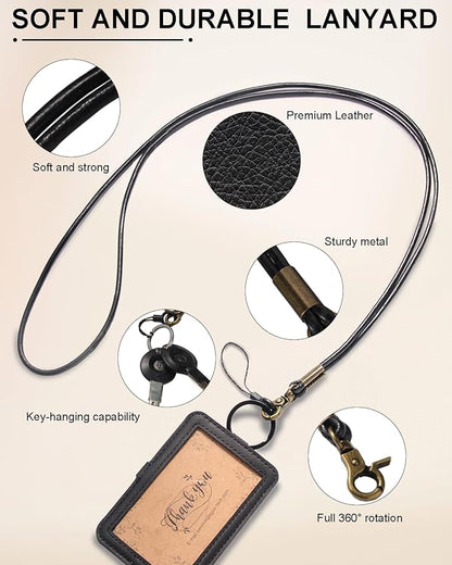 Genuine Badge Holder with Leather Lanyard, Soft Leather ID Card Holder with a Detachable Metal Clip, Clear Window, 2 Card Slots for Office & School IDs, Work Name Cards (Pitch-Black 03)