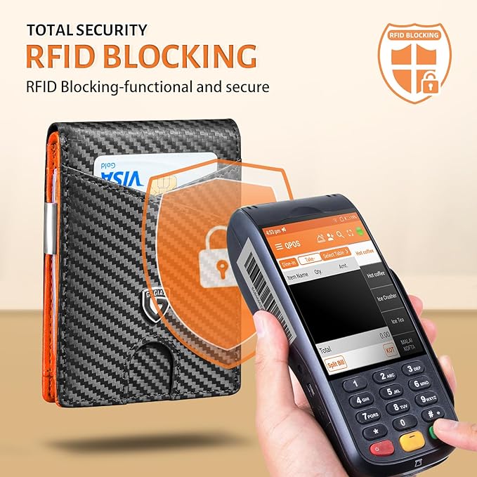 GSOIAX Slim Leather RFID Bifold Wallet for Men Minimalist Front Pocket Wallet with Money Clip,12 Card Slots,ID Window,Cool Groove Design,Includes Gift Box (Carbon Orange)