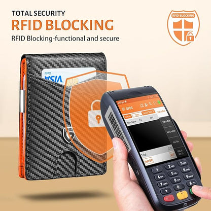 GSOIAX Slim Leather RFID Bifold Wallet for Men Minimalist Front Pocket Wallet with Money Clip,12 Card Slots,ID Window,Cool Groove Design,Includes Gift Box (Carbon Orange)