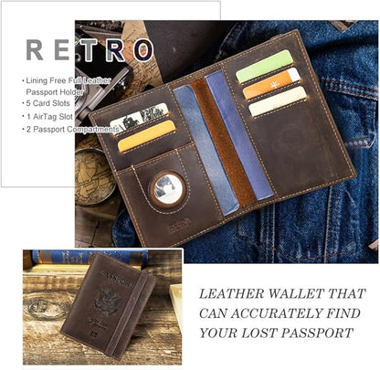 CONTACTS Full Grain Leather Passport Holder for 2 RFID Blocking Travel Passport Wallet Compatible with Airtag Passport Cover Case for 2 Passports, 5 Card Slots with Logo