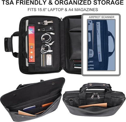 Masa Kawa Leather Briefcase for Men Slim 15.6" Laptop Bag Waterproof Crossbody Shoulder Messenger Computer Attache Case for Business Work, Black