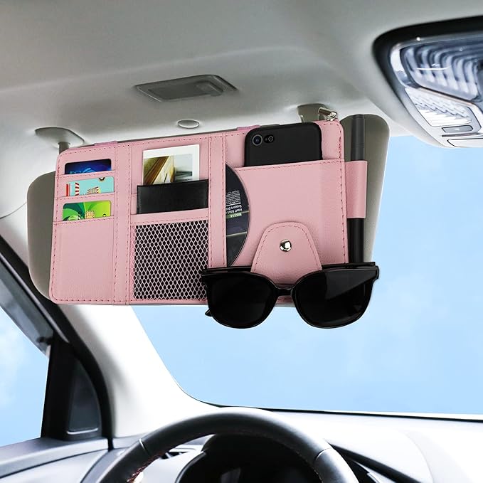 Car Sun Visor Organizer, Leather Pocket Organizer Sunglass Holder for Car Interior Accessories with Multi-Pocket Net Zipper, Pink