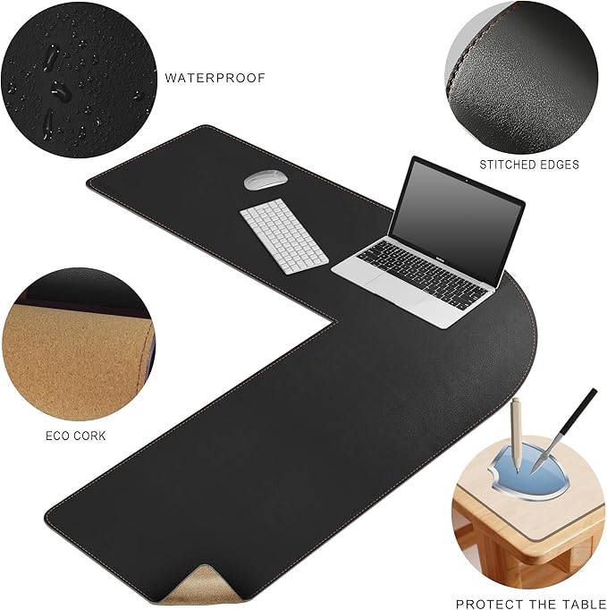 MAIDERN (43.3” + 43.3”) x 13” L Shaped Corner Desk Mat, Cork & Leather Dual Sided Desk Pad for Gaming Computer Office Home (Black) …