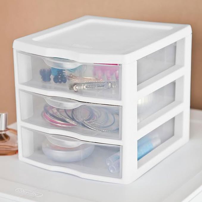 Sterilite 12-Pack Clearview 3-Drawer Cart, Small Plastic Storage Organizer Drawers, White - Organizing Drawer Containers for Bathroom, Closet, Kitchen, and Bedroom