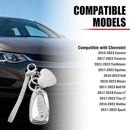 Compatible with Chevy Equinox Key Fob Covers,Stylish Car Key Cover with Bling Heart Keychain,5-Button Keys Fob Protector（White）
