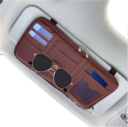 Car Sun Visor Organizer, Multi-Pocket Leather Vehicle Visor Storage Pouch & Sunglasses Holder, Auto Interior Document Card Holder with Double Zipper, Universal for Truck SUV Sedan (Brown)