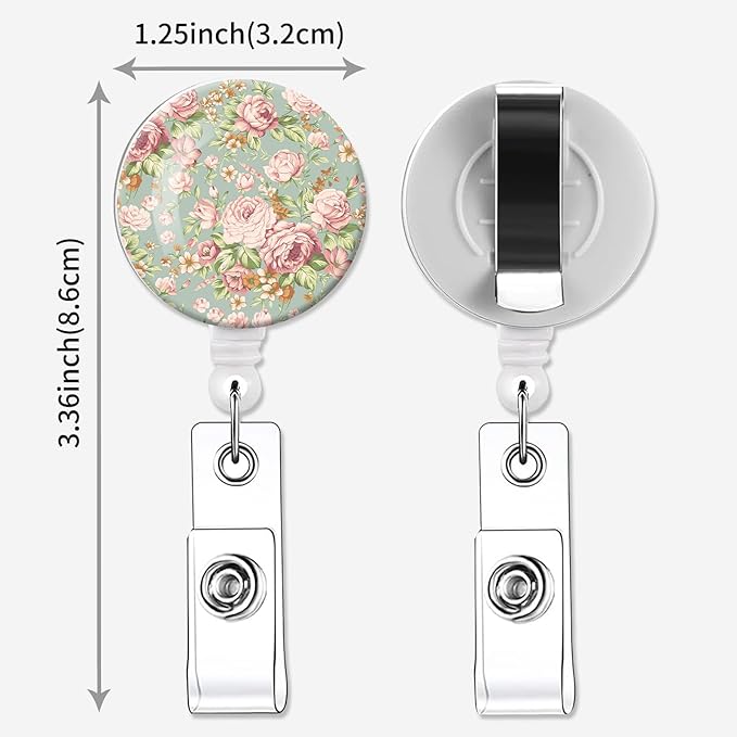 2 Pack Badge Reels Holder Retractable with ID Clip for Nurse Name Tag Card Nursing for Doctor Teacher Student Employee Office Medical Work (Cute Green Flower)