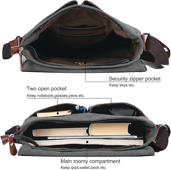 Mactso Vintage Canvas Messenger Bag for Men Women, 13.5 Inch Laptop Satchel Shoulder Bag with Multiple Pockets, Crossbody Bag for Work Travel College (Grey)
